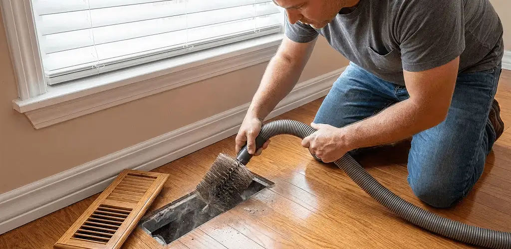 Air duct cleaning technician vacuuming a floor vent and duct opening in Lowell, MA