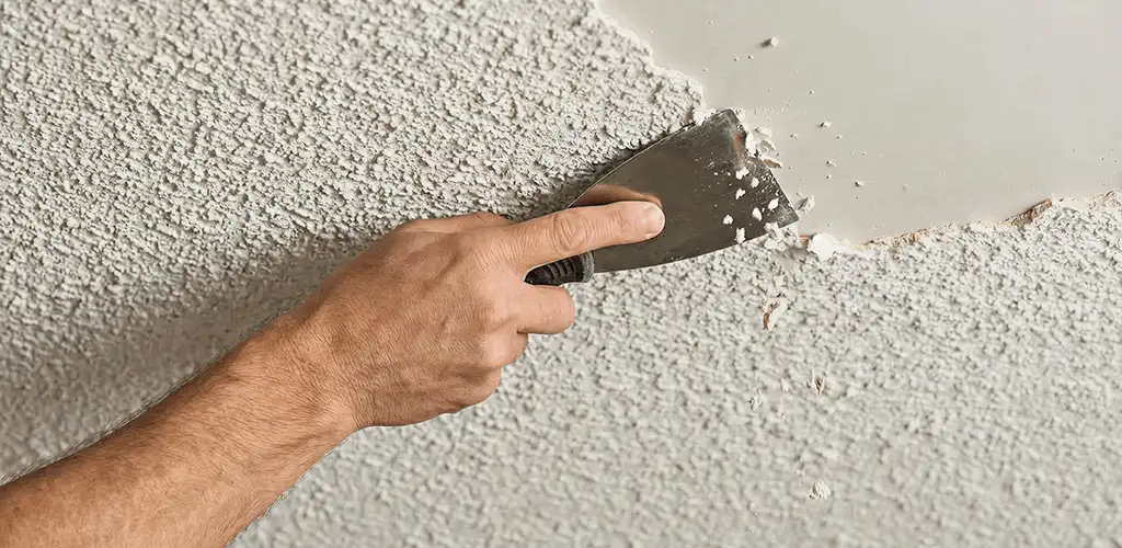 Popcorn ceiling removal scraping off textured ceiling finish in Lowell, MA