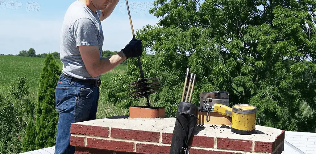 Chimney cleaning technician working on a rooftop chimney with professional tools in Lowell, MA