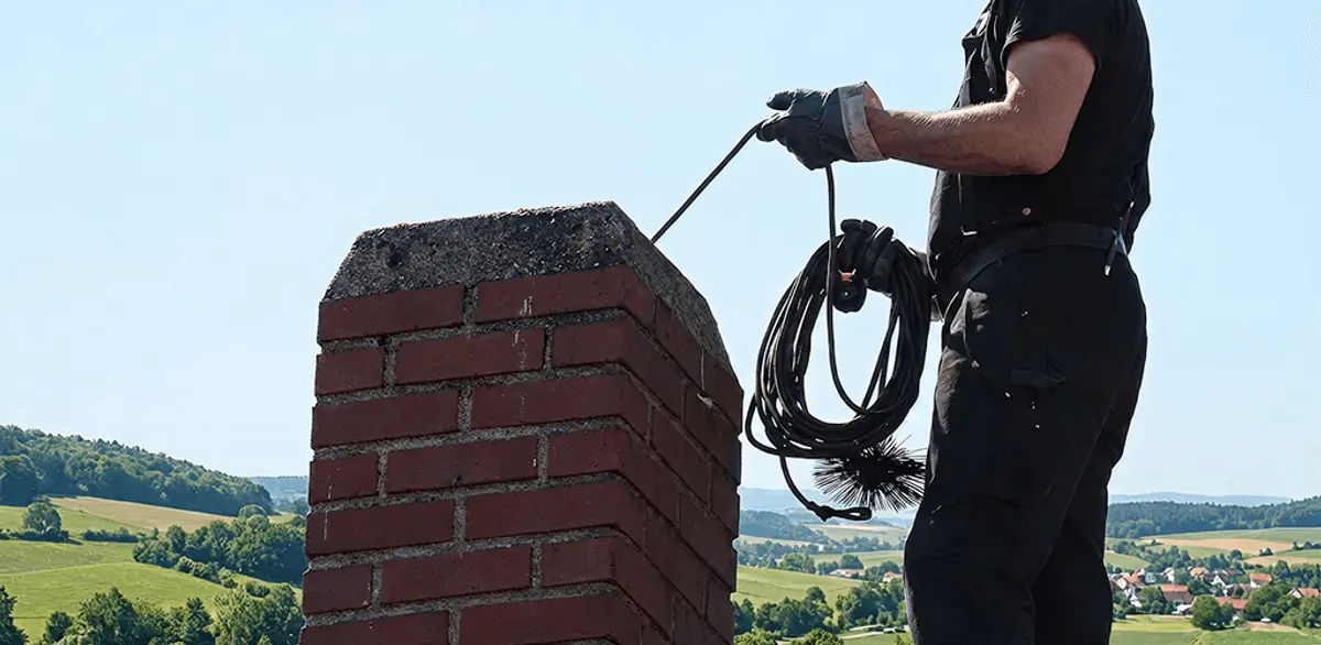 Chimney sweep inspecting and cleaning a rooftop chimney in Lowell, MA