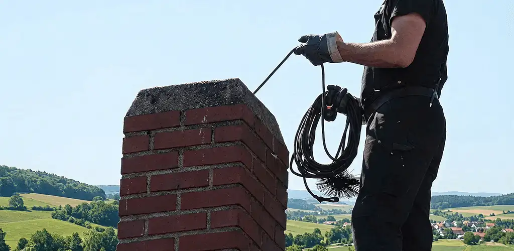 Chimney sweep inspecting and cleaning a rooftop chimney in Lowell, MA