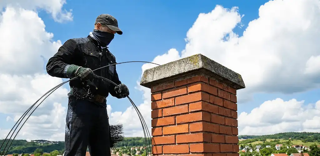 Chimney sweep cleaning a brick chimney with professional tools in Lowell, MA