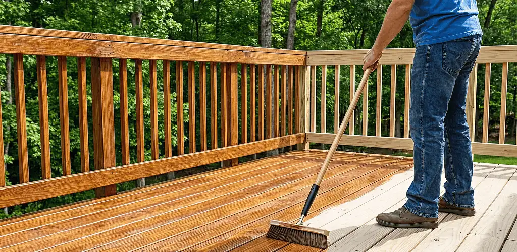 Deck staining and sealing application on a wood deck in Lowell, MA