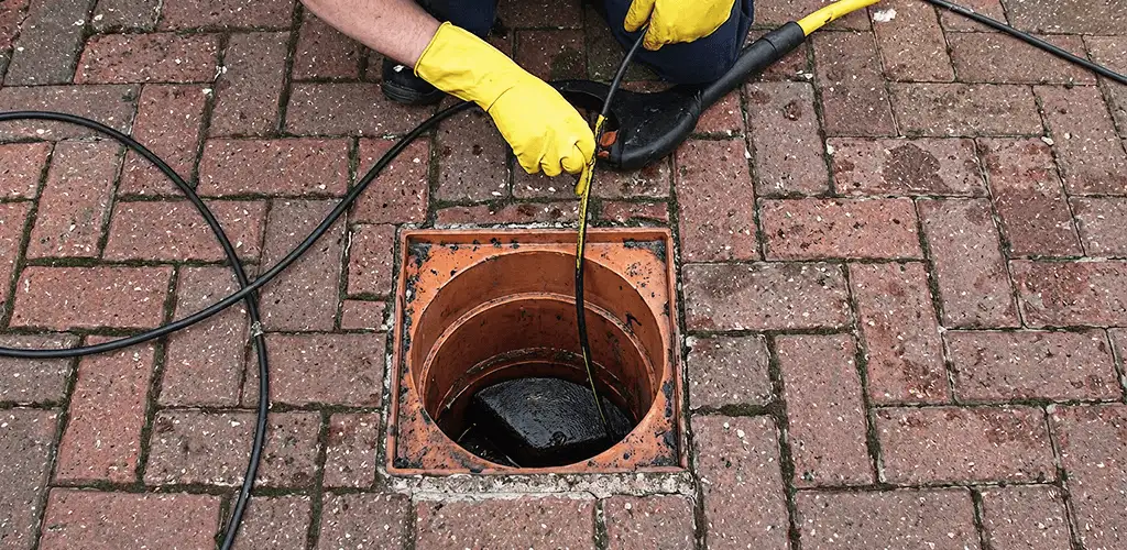Drain cleaning technician using a drain snake to clear a clogged drain in Lowell, MA