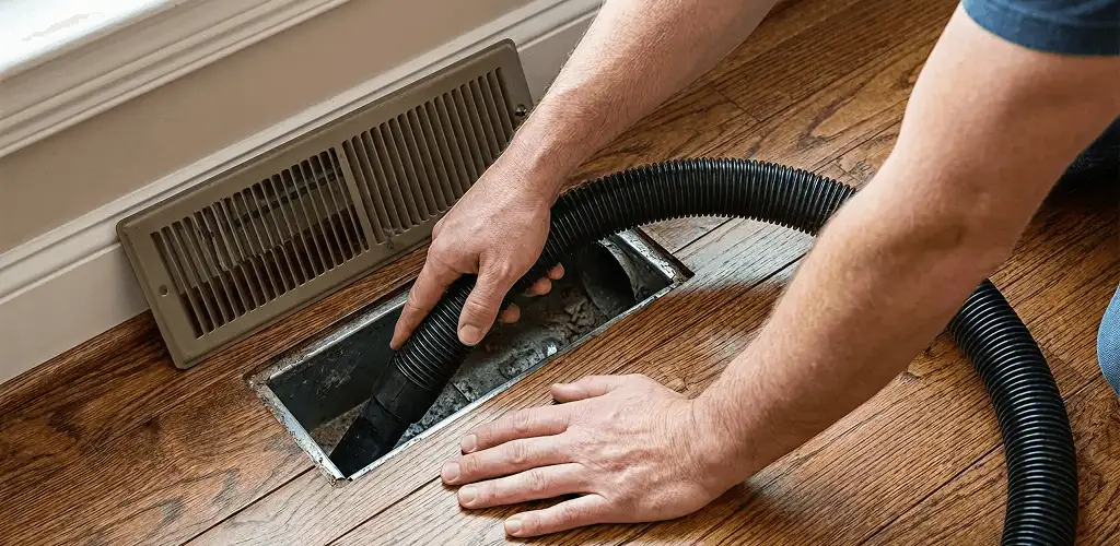 Air duct cleaning technician vacuuming a floor register and duct opening in Lowell, MA