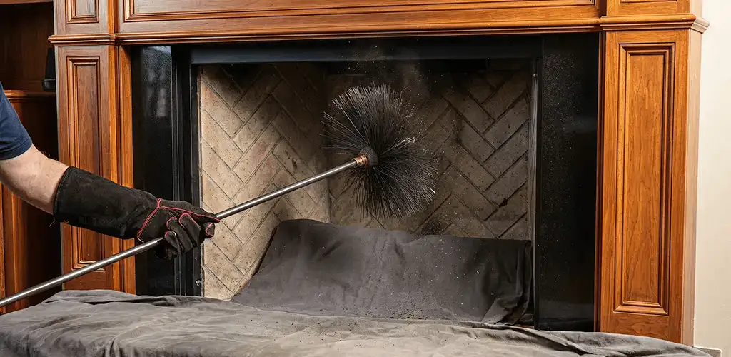 Chimney cleaning service brushing soot from a fireplace and flue in Lowell, MA