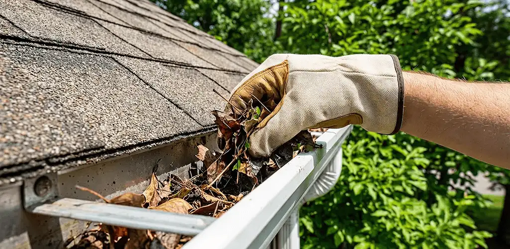 Gutter cleaning removing leaves and debris from roof gutters in Lowell, MA