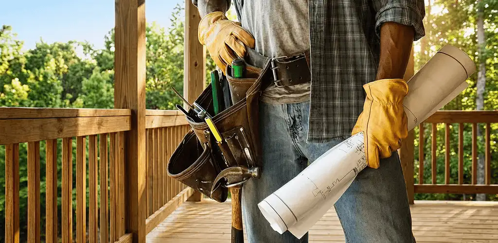 Professional handyman with tool belt ready for home repairs in Lowell, MA