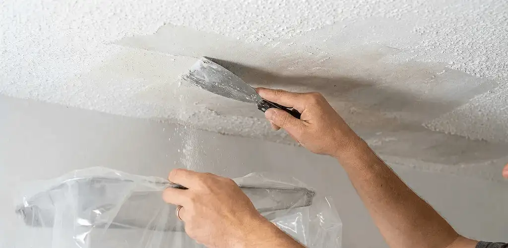 Popcorn ceiling removal technician scraping texture from a ceiling in Lowell, MA
