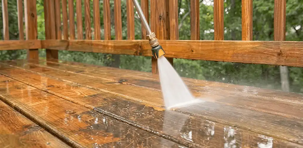 Pressure washing a wood deck to remove dirt and buildup in Lowell, MA