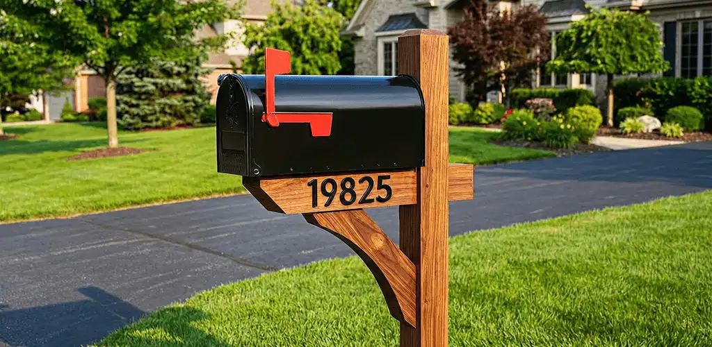 New mailbox installation with post and address number for a home in Lowell, MA