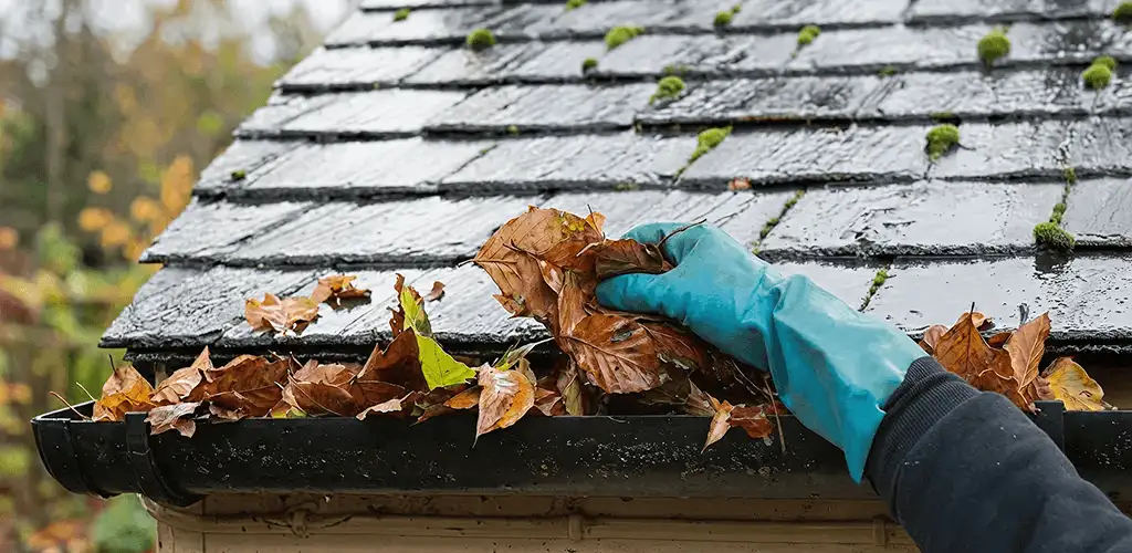 Gutter cleaning technician clearing wet leaves from roof gutters in Lowell, MA