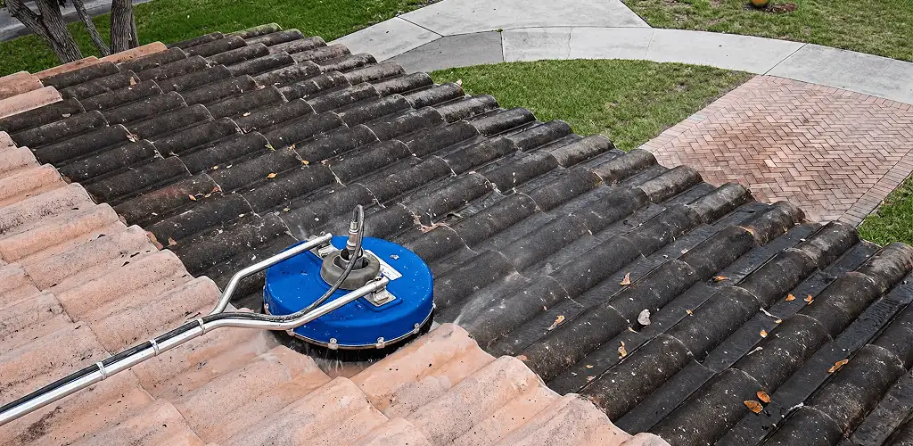 Roof pressure cleaning removing debris and buildup from roof tiles in Lowell, MA