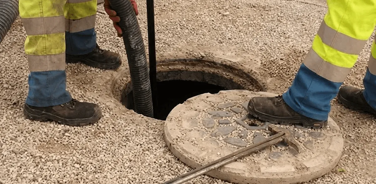 Drain cleaning crew clearing a sewer access point with professional equipment in Lowell, MA