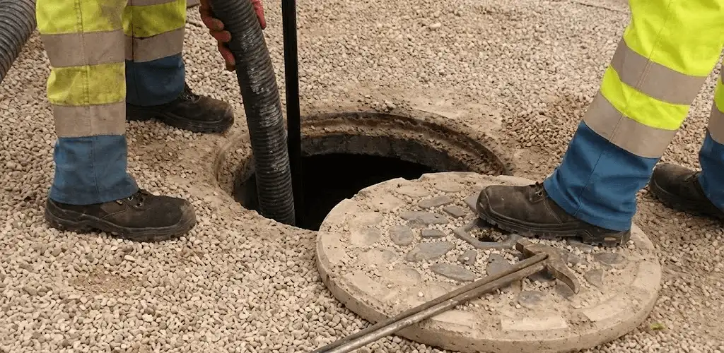 Drain cleaning crew clearing a sewer access point with professional equipment in Lowell, MA