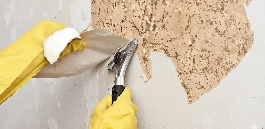 Wallpaper removal service stripping old wallpaper from a wall in Lowell, MA
