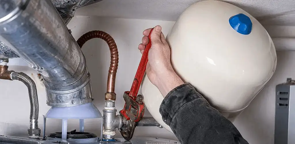Water heater repair technician tightening plumbing connections near a tank unit in Lowell, MA