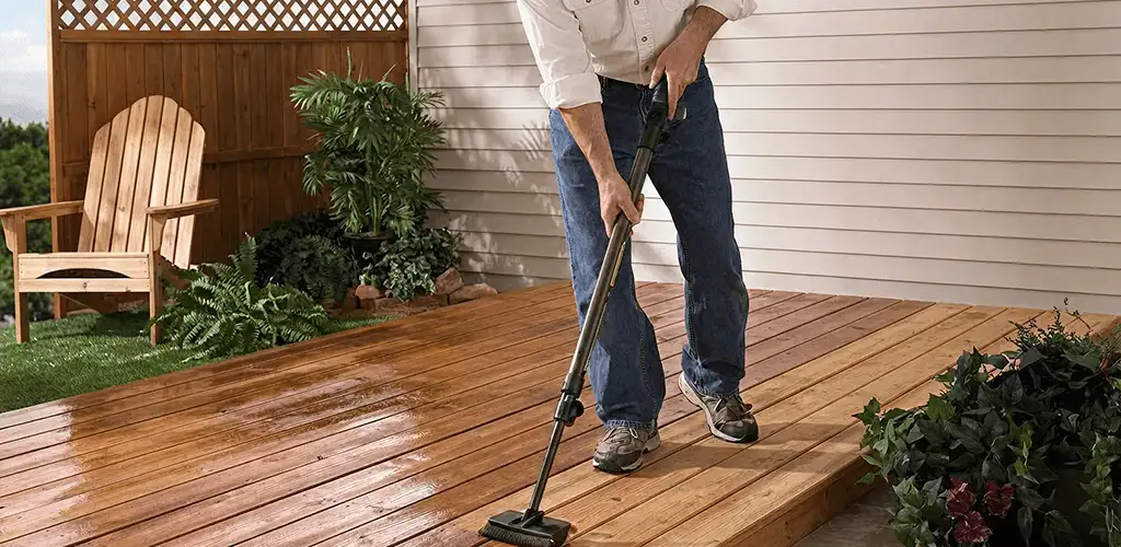 Deck staining service applying stain to a backyard wood deck in Lowell, MA